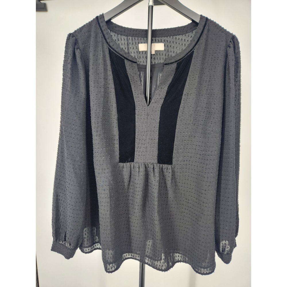 Loft Plus Black Clip Dot Velvet Trim V-Neck Long Sleeve Blouse Size 16